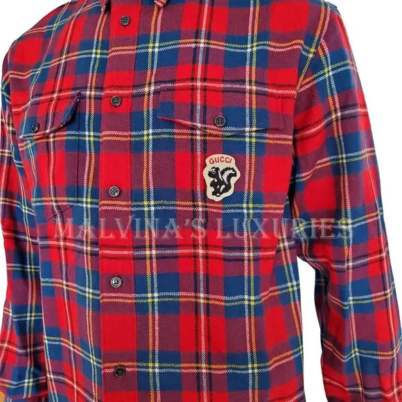 GUCCI SHIRT MENS WOOL TARTAN CHECK SKUNK LOGO PATCH sz 50 L LARGE